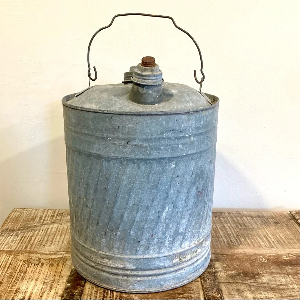Vintage Galvanized Metal 5 Gallon Pail Sunflower Top Oil Can